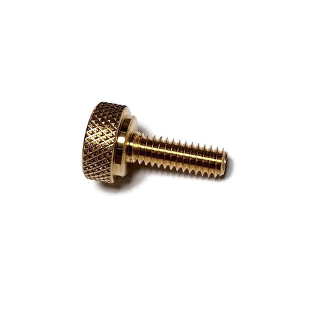 Five Pack 1/4-20 Knurled Shoulder Brass Thumb Screws With Flat Tip For Secure Grip 1-1/16 Inch Overall Length shown in side view