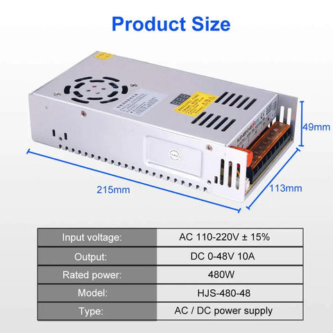 AC To DC Converter Power Supply 110 to 220V To 0 to 48V Adjustable DC Output Beefy 480W Peak 10A Max with LED Display