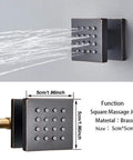 Upgrade Your Digs With This Premium Black Ceiling Mounted Shower System Combo Featuring A Giant 20 Inch Rain Shower Head, Pulsating Body Jets, And An Adjustable Handheld Wand Giving You Comfort And Style For Everyday Routines That Hit Hard! - Square black brass shower body jet with water flow.