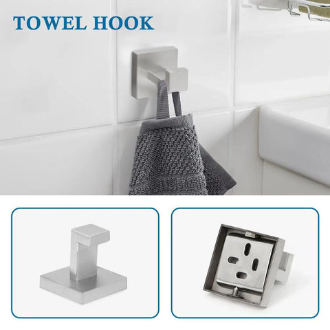 Rust Proof 5 Piece Bathroom Hardware Set Includes 24 Inch Towel Bar Toilet Paper Holder Hand Towel Rack and Two Towel Hooks Brushed Nickel Finished SUS304 Stainless Steel Anti Scratch Durable and Easy Install for Modern Bathrooms, towel hook holding gray towel
