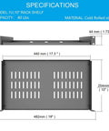 Dimensions of 1U Universal Server Rack Shelf for 19-Inch Racks, 10-Inch Deep, Steel Ventilated Cantilever Tray in Black