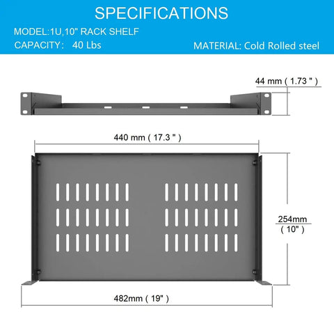 Dimensions of 1U Universal Server Rack Shelf for 19-Inch Racks, 10-Inch Deep, Steel Ventilated Cantilever Tray in Black