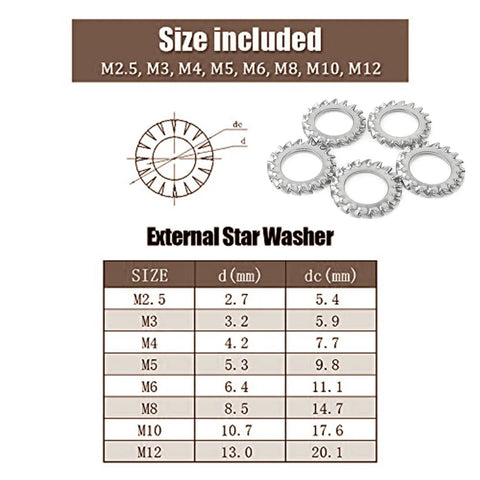 Stainless Steel External Star Washer Kit 304 Grade, 300 Pcs Metric Fastener Set With Sizes M2.5 To M12 chart and washers display.