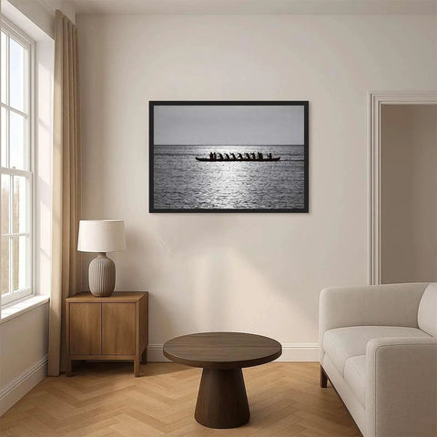 Rowing Team Silhouette Canvas Print With Black Frame, Modern Ocean Landscape Wall Art in living room setting