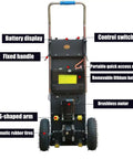 Heavy Duty Electric Stair Climber Cart With Removable Battery For Easy Single Person Lifting Of Patients Or Heavy Gear Inside Tight High Rise Buildings Without Breaking A Sweat And Making Moves Like A Pro, showing battery display and control switch.