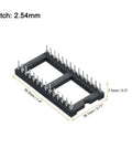 2.54mm Pitch DIP IC Socket Connector, 28 Pins, Dual Row, 15.2mm Row Pitch, Round Pins, Easy Soldering, black thermoplastic body