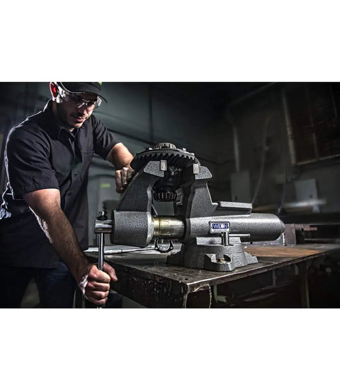Mechanics Pro Bench Vise Built Tough For DIY Pros With 4.5 Inch Jaw Width, 4 Inch Opening, 3.5 Inch Throat, Durable Ductile Iron Build, Enclosed Spindle, Precision Slide Bar, 60,000 PSI Strength, Needle Roller Lubrication For Smooth Grade Clamping on workbench