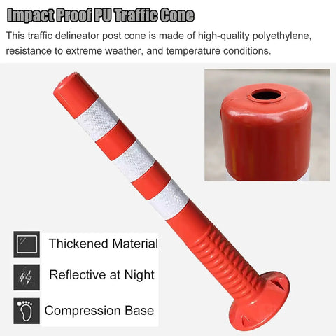 Top Shelf Traffic Delineator Posts With Hella Bright Reflective Strips, Heavy Duty PU Plastic Road Guide Markers For Construction Zones And Parking Facilities, Zero Hassle Six Pack Set