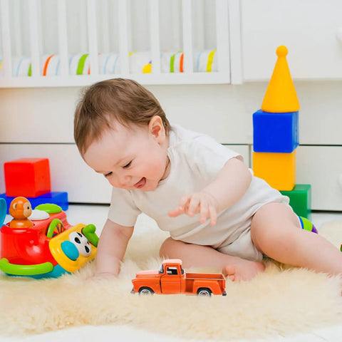 Child playing with Totally Realistic Small Pickup Truck Model Miniature Figurine For Home Decor And Tabletop Display on carpet