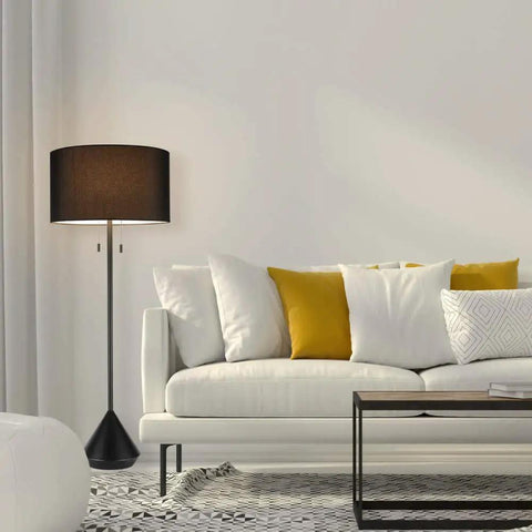 60 Inch Two Light Floor Lamp With Black Base And Black Fabric Shade Includes LED Bulbs Modern Minimalist Scandinavian Style