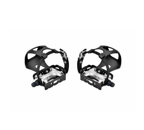 Left And Right Pedal Pair Replacement For Stationary Bike With Nine Sixteenth Inch Spindle To Get Your Ride Rolling Again Indoor Cycle Pedals Set Compatible With RevMaster Pro Bikes Pn 05016343, showing sturdy black platform pedals with secure toe cages and a 9/16 inch spindle.