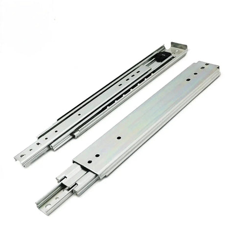 Premium Ball Bearing Drawer Slides With Slick Full Extension And A Badass 500 Pound Load Rating For Kitchen Cabinets And Workshop Storage Measuring Thirty Six Inches Long, shown from the side.