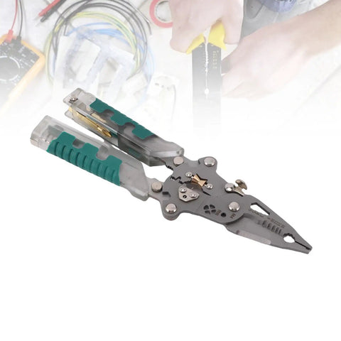 20 In One Folding Wire Stripper Pliers Multifunctional Electrical Tool With Voltage Tester And Dual Alarm For Crimping Cutting Stripping And Automotive Repair Easy Home Use with green handle and metal body