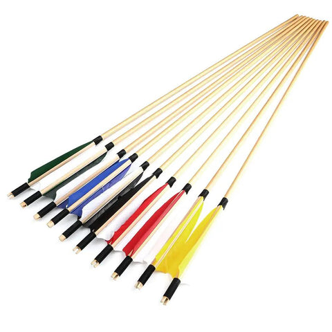 Assorted colored shafts for 31 Inch Wooden Archery Arrows For Longbow And Recurve, Turkey Feather Fletched 5 Inch Feathers