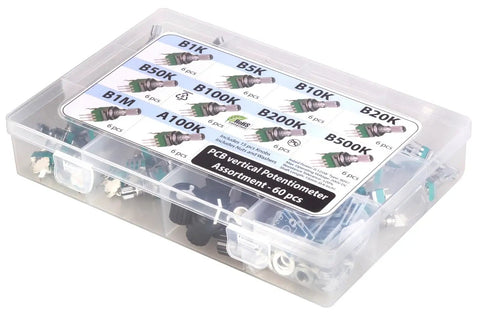 60 Pcs 9mm Onboard PCB Potentiometer Assortment Kit With 10 Values Including B1K B5K B10K B20K B50K B100K B200K B500K B1M And A100K in plastic box