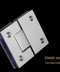 Heavy Duty Stainless Steel Bathroom Shower Frameless Glass Door Hinge Clamp Featuring 180 Degree Pivot and Killer Brushed Finish, close-up view.
