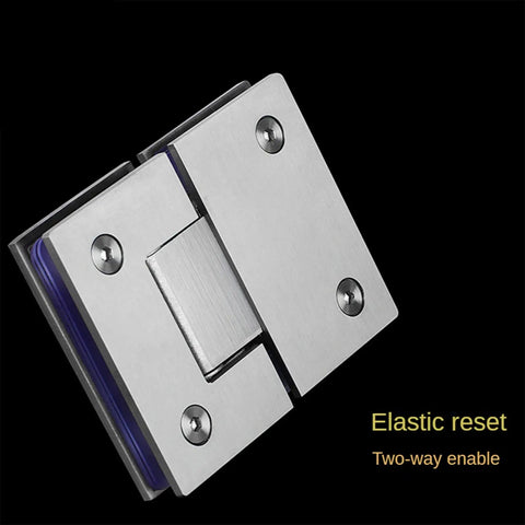 Heavy Duty Stainless Steel Bathroom Shower Frameless Glass Door Hinge Clamp Featuring 180 Degree Pivot and Killer Brushed Finish, close-up view.