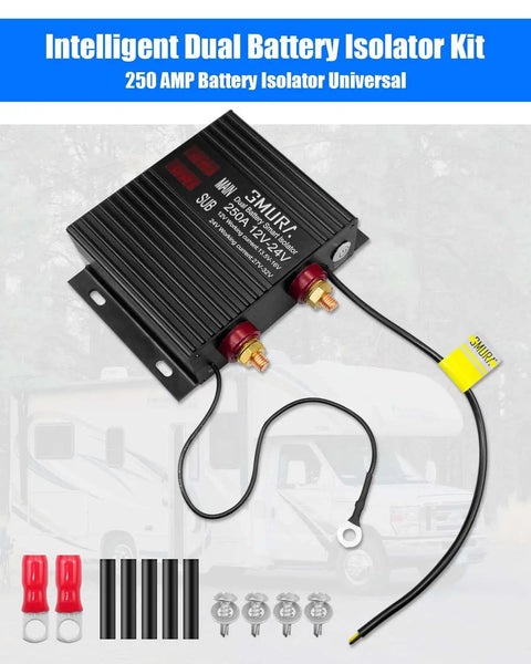 Dual Battery Isolator Kit For 12V/24V Systems With VSR, showing components, wiring, and connectors with RV backdrop.