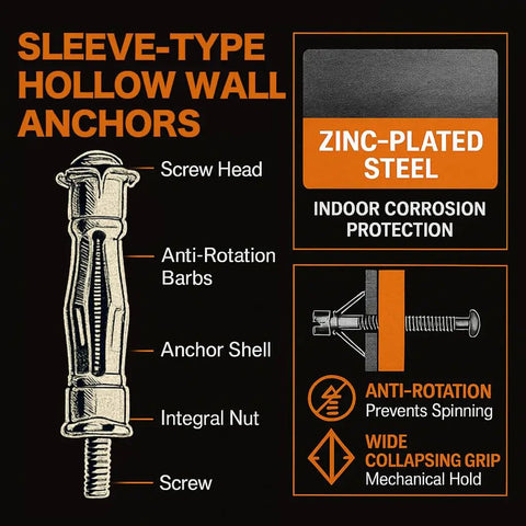 Diagram of sleeve-type hollow wall anchors with zinc-plated steel, showing screw head, anti-rotation barbs, and shell.