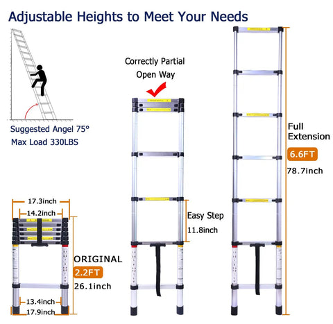 6.6Ft Telescoping Aluminum Ladder, Collapsible And Lightweight, Grab And Go Portable For RV And Home Use, 330Lb Capacity, Easy To Extend, Quick Lock, Compact Stowable Design