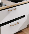 Kitchen drawers with Champagne Bronze Cabinet Pulls 5 Inch Center To Center Pack Of 10 With Screws Included Kitchen Cabinet Handles displayed.