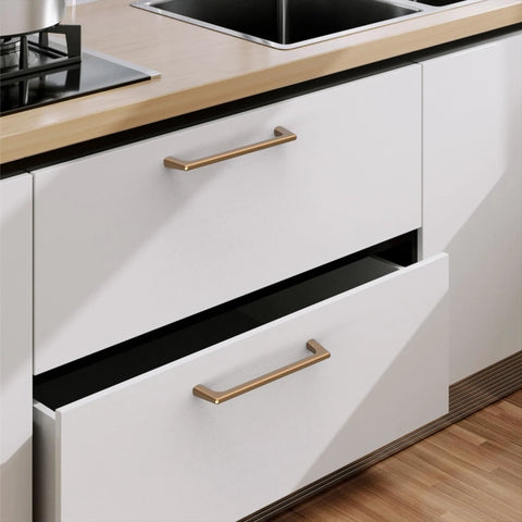Kitchen drawers with Champagne Bronze Cabinet Pulls 5 Inch Center To Center Pack Of 10 With Screws Included Kitchen Cabinet Handles displayed.