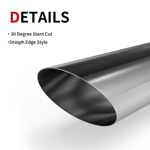 Close-up of 18 Inch Stainless Steel Exhaust Tip with 30 Degree Slant Cut for 2.5 Inch OD Tailpipes, Universal Fit for Cars, Trucks, SUVs