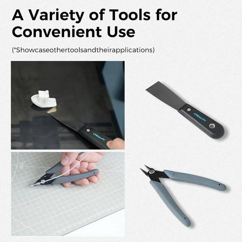 Creality 3D printer tools kit, 74 pcs; black spatula with blue logo, gray-handled cutter, and pliers