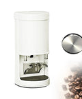 Level Up Your Morning Routine With This Automatic Electric Coffee Tamper Featuring A Smart Touch Screen And Adjustable Five To Thirty Kilogram Pressure For Nail Flawless Espresso Shots At Home, showing white automatic tamper.