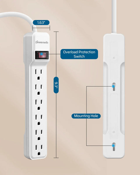 Six Outlet Surge Protector Power Strip With 10 Foot Extension Cord Flat Plug Low Profile Design Wall Mount White UL Listed 15 Amp Circuit Breaker 500 Joules Great for Home Office and Entertainment