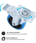 Four Inch Heavy Duty Swivel Caster Wheels With Dead Lock Brakes And Silent Non Marking Polyurethane Tires For Crushing Heavy Loads, detailed close-up of lock mechanism.