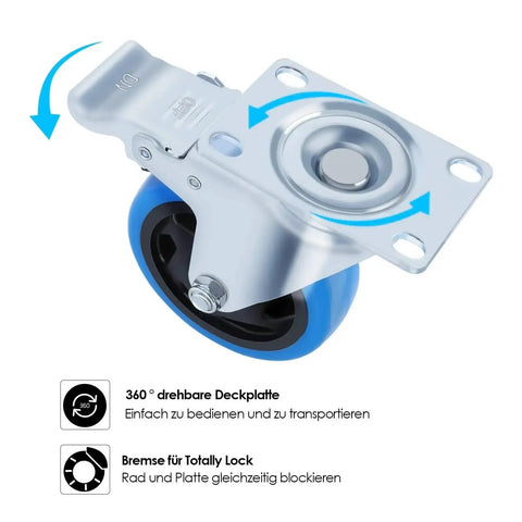 Four Inch Heavy Duty Swivel Caster Wheels With Dead Lock Brakes And Silent Non Marking Polyurethane Tires For Crushing Heavy Loads, detailed close-up of lock mechanism.