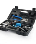 Knockout 10 Ton Hydraulic Crimper Kit With Cable Cutter Plus Nine Chromed Hex Dies For Electrical Terminals Wire Rope Brings Dead Nuts Grip And No Sweat Operation in a black carrying case.