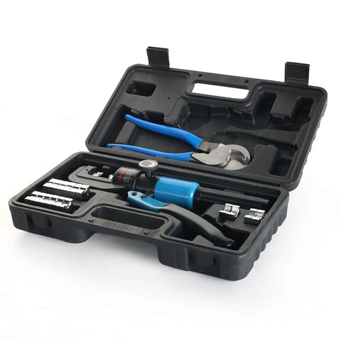 Knockout 10 Ton Hydraulic Crimper Kit With Cable Cutter Plus Nine Chromed Hex Dies For Electrical Terminals Wire Rope Brings Dead Nuts Grip And No Sweat Operation in a black carrying case.