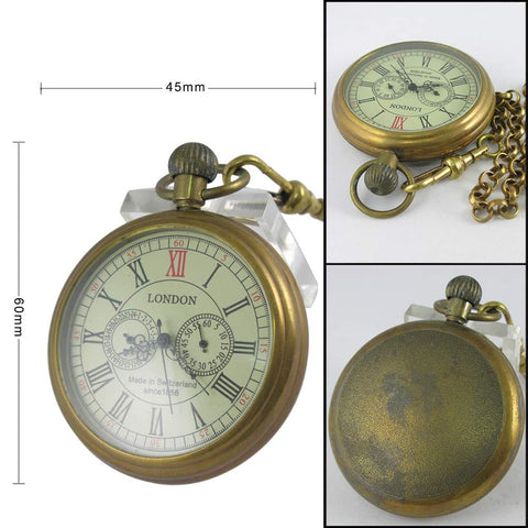 Vintage Copper Hand Wind Pocket Watch For Men With Second Hand And 24 Hour Sub Dials In Box Old School Mechanical Timepiece Gift For Dad Husband Boyfriend