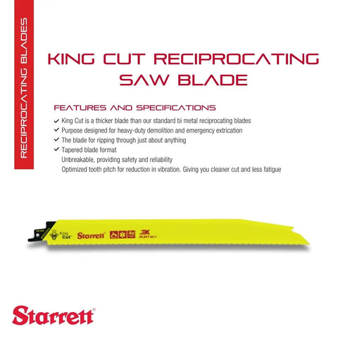 Bi Metal King Cut Beefed Up Heavy Duty Demolition And Emergency Extrication Reciprocating Saw Blade 12 Inch Length With Three Quarter Inch Width And.050 Inch Thickness Pack Of Twenty For Tough Cuts. Blade on white background with specifications