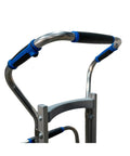 Heavy Duty Electric Stair Climbing Dolly With 375 Lb Capacity For Smooth Appliance Moves Beverage Delivery And Commercial Hand Truck Hauling handle close-up with blue grips.