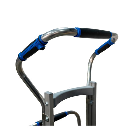 Heavy Duty Electric Stair Climbing Dolly With 375 Lb Capacity For Smooth Appliance Moves Beverage Delivery And Commercial Hand Truck Hauling handle close-up with blue grips.