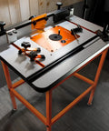 Rock Solid Steel Tool Stand With Adjustable Leveling Feet For Router Tables And Table Saws No Sweat Setup Heavy Duty Workbench multiple clamps and router setup on durable surface