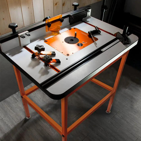Rock Solid Steel Tool Stand With Adjustable Leveling Feet For Router Tables And Table Saws No Sweat Setup Heavy Duty Workbench multiple clamps and router setup on durable surface