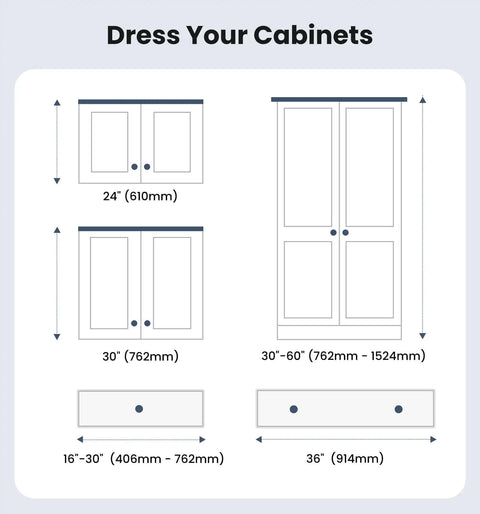 Diagram of various cabinet sizes for Three Pack 1 1/4 Inch Brushed Gold Solid Zinc Cabinet Knobs Heavy Duty Round Single Hole Drawer Pulls