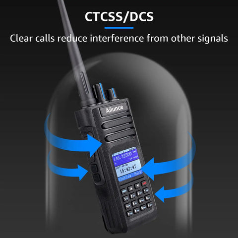 Beefed Up Dual Band DMR Analog Walkie Talkie IP67 Waterproof with screen displaying channels and functions.