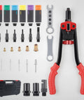 Heavy Duty Rivet Nut Tool Kit With Case Easy To Use Hand Riveter For Home Improvement DIY Projects Workshop And Garage Versatile Durable Pro Grade Hardware Set For Pros And Hobbyists. Manual rivet nut tool kit with case, interchangeable nosepieces, wrench, and handles on white background.