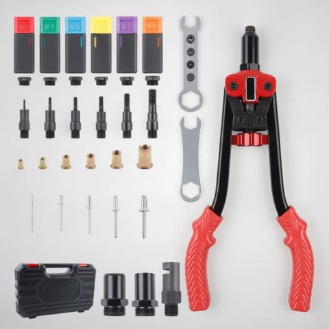 Heavy Duty Rivet Nut Tool Kit With Case Easy To Use Hand Riveter For Home Improvement DIY Projects Workshop And Garage Versatile Durable Pro Grade Hardware Set For Pros And Hobbyists. Manual rivet nut tool kit with case, interchangeable nosepieces, wrench, and handles on white background.