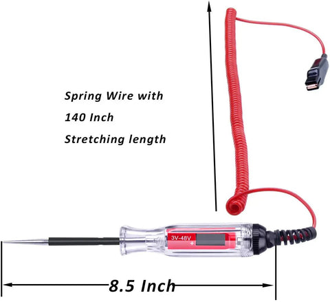 Beast Of A Heavy Duty 3 To 48V Digital LCD Circuit Tester With 140 Inch Spring Wire And Stainless Probe Displayed On White Background