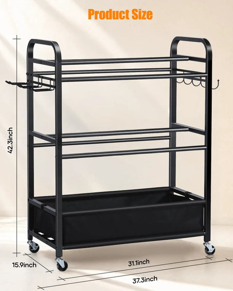 Rolling Ball Storage Cart And Sports Gear Organizer For Garage And Home Gym Indoor And Outdoor Use, dimensions shown.