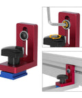 Miter Stop For T Slot Tracks And T Track Gauges Pro Grade Precision Woodworking Guide Block with ergonomic grip on workbench rail