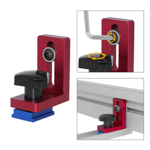 Miter Stop For T Slot Tracks And T Track Gauges Pro Grade Precision Woodworking Guide Block with ergonomic grip on workbench rail