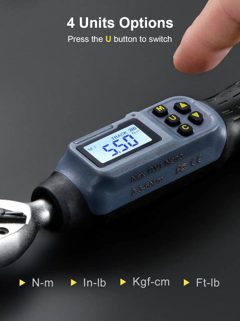 Digital Torque Wrench One Quarter Inch Drive With Buzzer And LED Indicator, Pro-Grade Accuracy 1.1-22.1 Ft-Lbs And 1.5-30 Nm, Quick-Swap Socket Head, Electronic Wrench Kit With Bits And Sockets For Bikes, Motorcycles, And Gunsmithing. digital display and 4 unit options