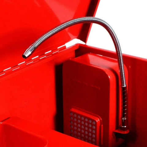Close-up of 40 Gallon Parts Washer with Electric Solvent Pump showing inside tank and hose for auto shop cleaning station.